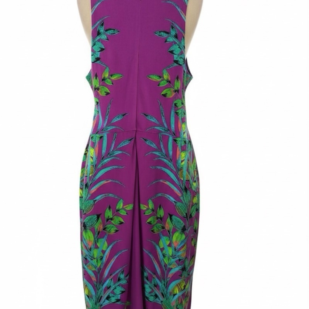 515 Nicole Miller | NWOT Magenta Tropical Leaf Print Sheath Midi Dress (Sz S) - Picture 4 of 17